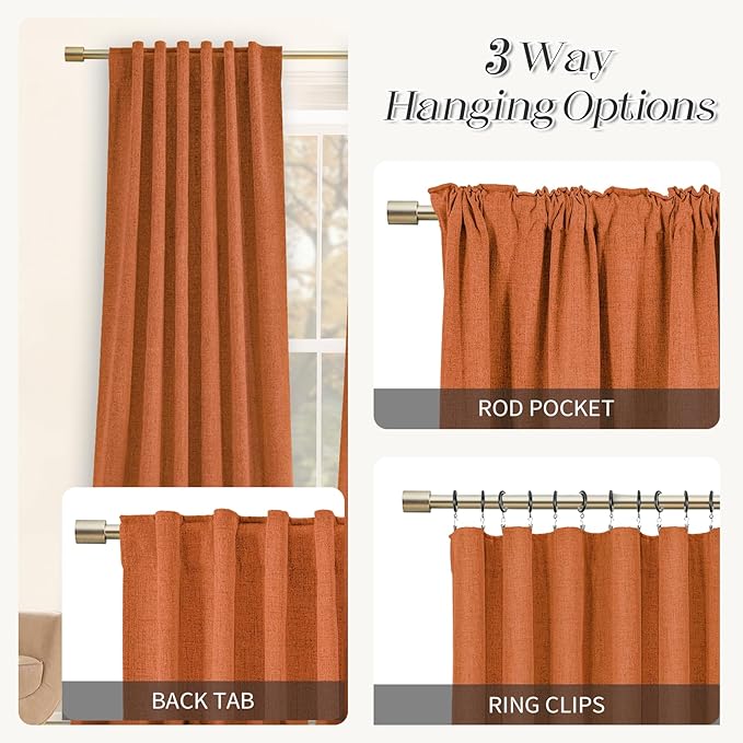 Linen 100% Blackout Curtains 144 Inch Length for Living Room Bedroom Rod Pockets/Back Tab Thermal Insulated Linen Drapes 2 Panels Set Room Darkening Window Curtains 12 FT Long Terracotta