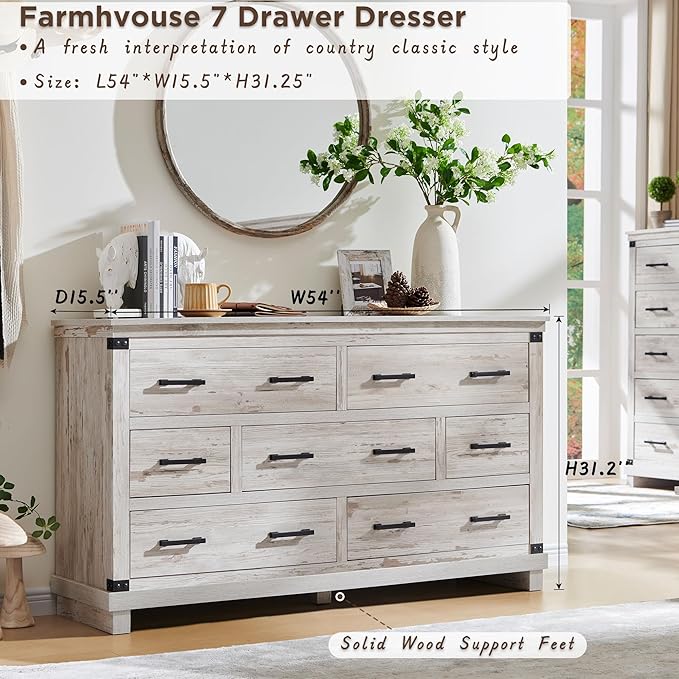 T4TREAM Farmhouse 7 Drawers Dresser for Bedroom, 54" Wide Wood Chest of Drawers w/Natural Texture & Metal Handle, Rustic Storage Dressers Organizer for Living Room, Hallway, Antique Brush White