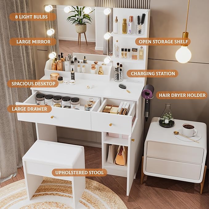 Vanity Desk with Mirror and Lights Dimmable LED Makeup Vanity Table with Drawers Side Cabinet 3 Storage Shelves Power Outlet Dressing Table Set include Holder Cushioned Stool for Bedroom(white)