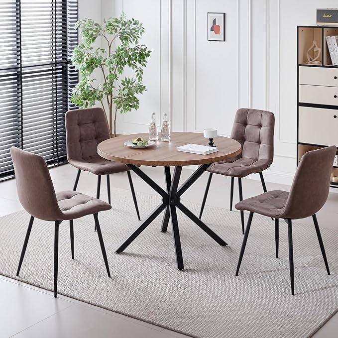 39" Round Dining Table Set for 4, Mid Century Kitchen Table with 4 Faux Leather Dining Chairs for Apartment Living Room Space Saving