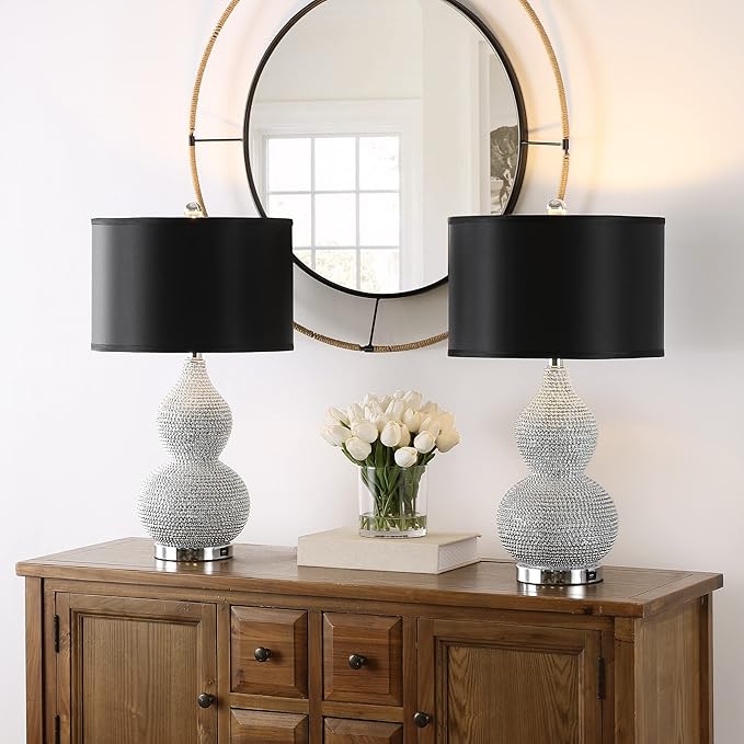SAFAVIEH Lighting Collection Nicole Silver/Black Shade Beaded 25-inch Table Lamp Set of 2 with USB Charging Port (LED Bulbs Included)