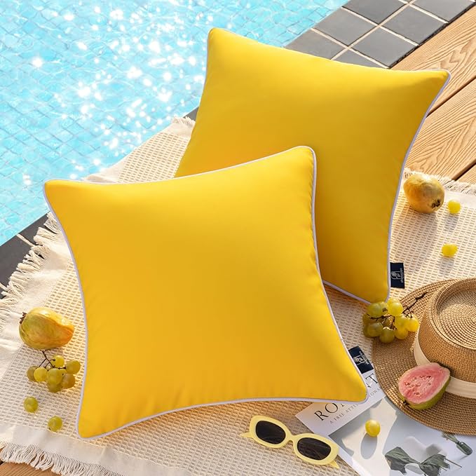 Phantoscope Pack of 2 Outdoor Waterproof Solid Throw Decorative Pillow Cover Decorative Square Outdoor Pillows Cushion Case Patio Pillows for Couch Tent Sunbrella (20''x20'', Yellow)
