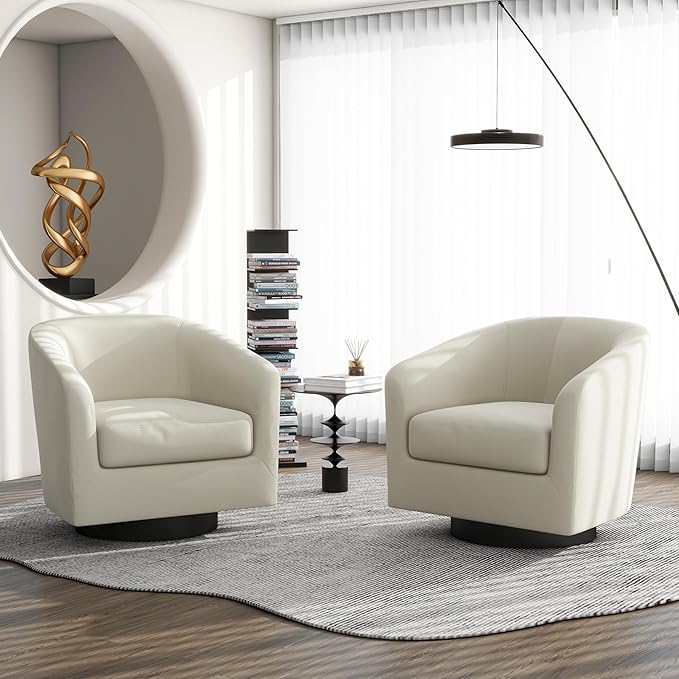 Swivel Barrel Accent Chair, Modern Round Linen Arm Chair for Living Room, Bedroom, Comfy Club Reading Chairs for Adults（Linen Fabric, Beige, Set of 2