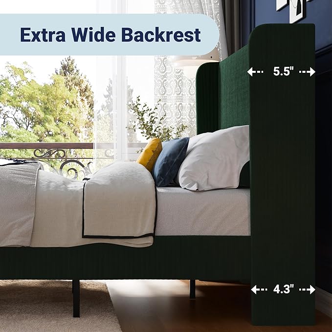 Allewie Queen Size Bed Frame with Upholstered Wingback Headboard, Vertical Channel Tufted Corduroy Velvet Platform Bed, Strong Wooden Slats Support, No Box Spring Needed, Easy Assembly, Dark Green