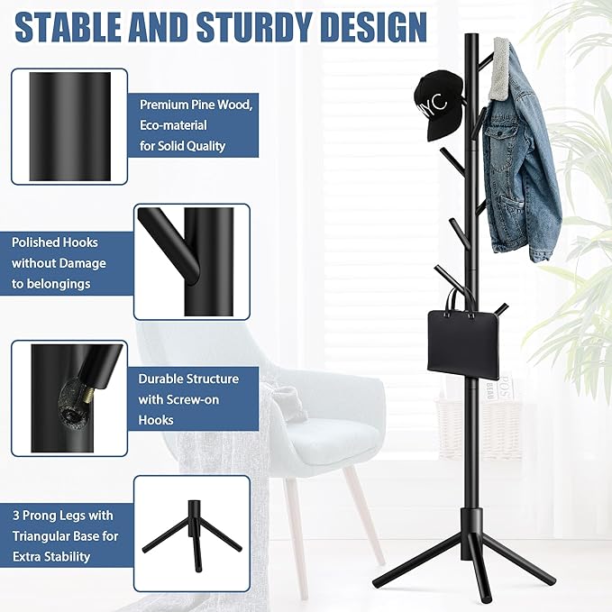 Haddockway Wooden Coat Rack Stand with 8 Hooks New Zealand Pine 3 Adjustable Coat Standing Tree Easy Assembly for Coats, Hats, Scarves and Handbags for Entryway, Hallway, Bedroom, Office
