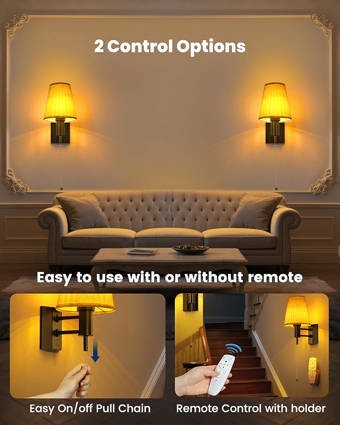 Rechargeable Battery Operated Wall Sconces Set of 2, Wireless LED Wall Lights with Remote & On/Off Pull Chain, Wall Mounted Lamp Lighting Fixture Decor for Bedroom Living Room, Matte Black
