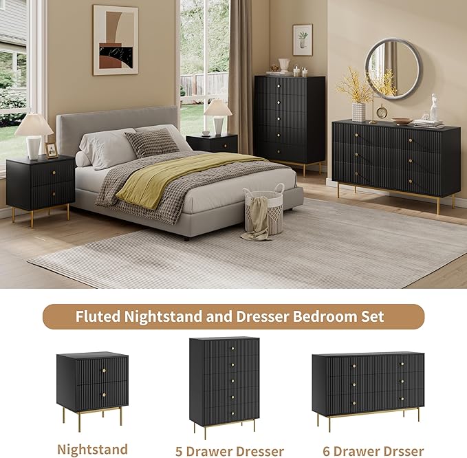 6 Drawer Double Dresser for Bedroom, Black Dresser with Gold Handles, Black 6 Drawer with Fluted Panels for Bedroom