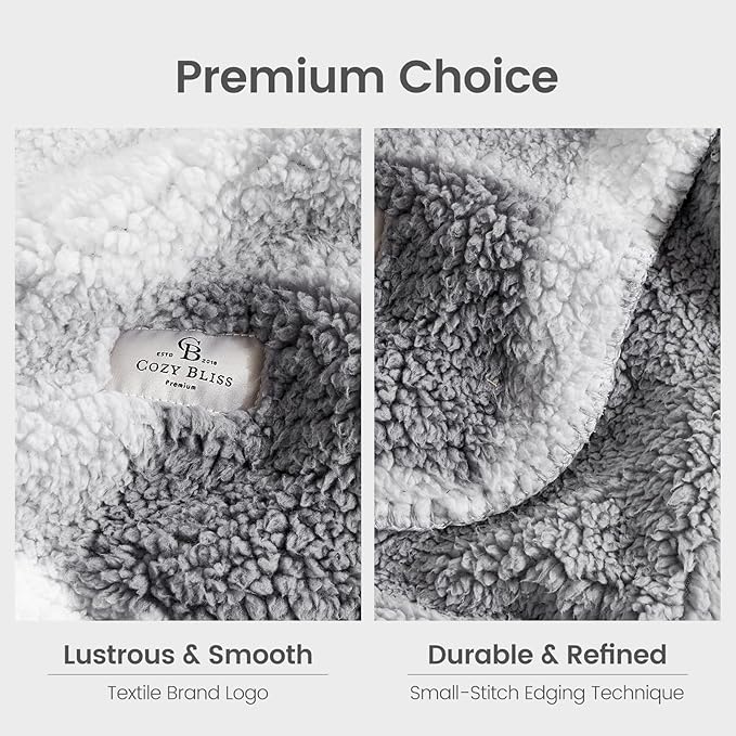 Cozy Bliss Ultra Soft Reversible Double Sherpa Sided Blanket, Buffalo Plaid Throw Blanket Fluffy Thick Warm Plush Fuzzy Blanket for Couch, Bed and Gifts (Grey, 60" x 80")