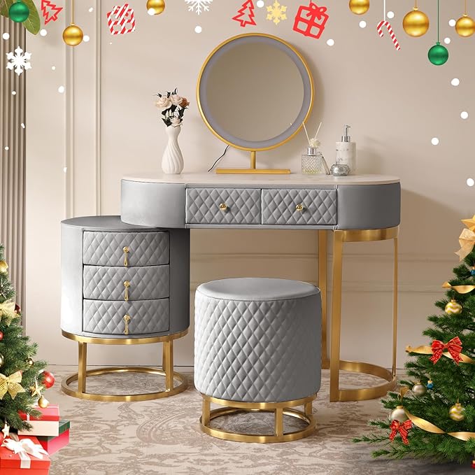 Faux Leather Makeup Vanity Desk Set with LED Lighted Mirror Luxury Dressing Makeup Table with Storage Drawers & Vanity Stool, Gray