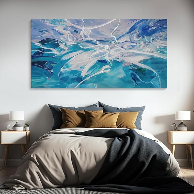 Blue Abstract Wall Art Modern Canvas Wall Paintings White Abstract Art for Living Room Pictures for Bedroom Wall Decor Office Home Decor Framed Artwork for Walls 29×58IN