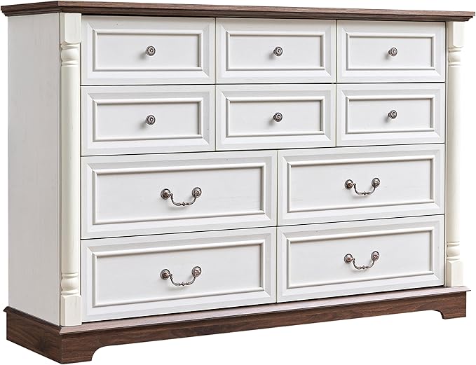 Farmhouse 10 Drawer Dresser with Roman Column Design, 54" Large Wood Chest of Drawers for Bedroom, Living Room, Antique White