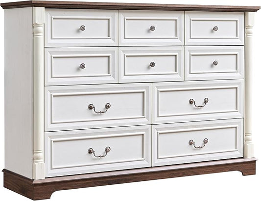 Farmhouse 10 Drawer Dresser with Roman Column Design, 54" Large Wood Chest of Drawers for Bedroom, Living Room, Antique White