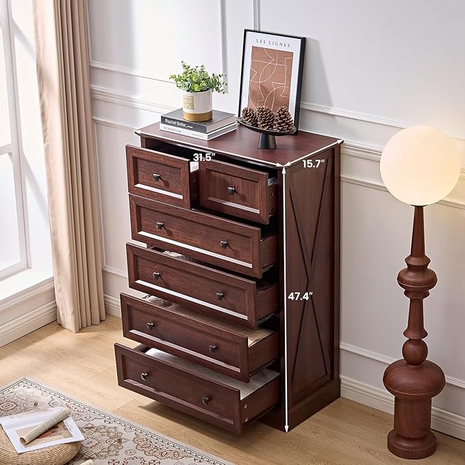 Farmhouse 6 Drawers Dresser Chests for Bedroom, Tall Rustic 6 Chest of Drawers, Wood Dressers Organizer for Closet, Modern Storage Organizer Cabinet for Living Room, Hallway, Entryway, Cherry Red