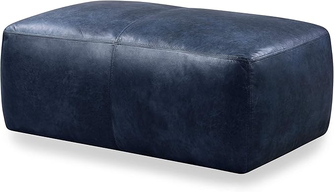 POLY & BARK Denver Rectangle Leather Ottoman in Full-Grain Semi-Aniline Italian Tanned Leather in Midnight Blue