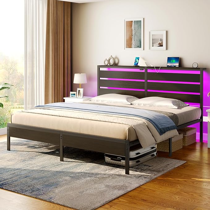 Rolanstar Bed Frame King Size with USB Charging Station, LED Bed Frame with Wood Storage Headboard, Black Metal Platform Bed with Under Bed Storage, No Box Spring Needed, Noise Free