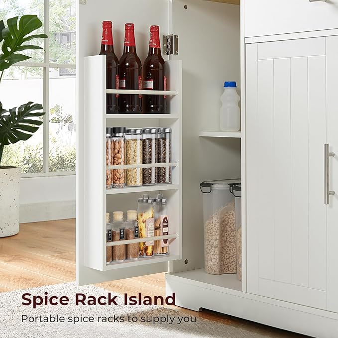 53" Long Kitchen Island with Trash Can Storage, White Kitchen Cart with Garbage Bin 10 Gallon, Portable Island with Trash Can, Wood Top, Spice Rack and Drawers