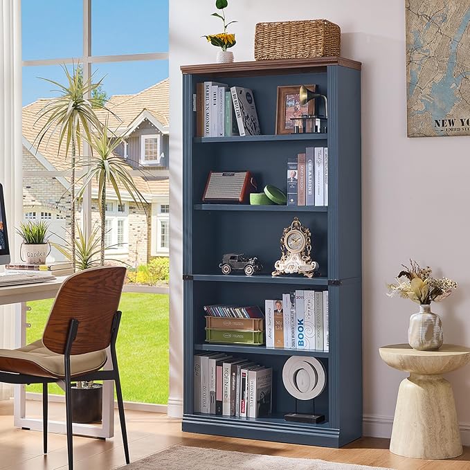 70" Blue Tall Bookshelf Set of 3,5-Tier Thick Wooden Book Shelf with Adjustable Shelves,Free Standing Farmhouse Bookcase with Open Display Storage,Floor Vintage Bookshelves for Living Room