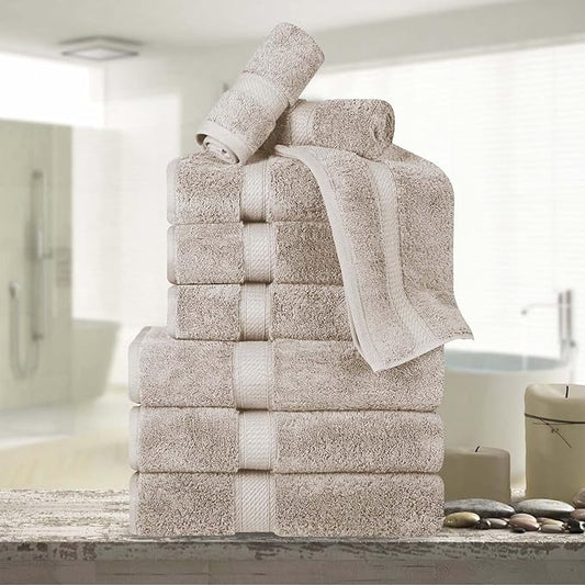 SUPERIOR Egyptian Cotton Pile 9 Piece Towel Set, Includes 3 Bath, 3 Hand, 3 Face Towels/Washcloths, Ultra Soft Luxury Towels, Thick Plush Essentials, Guest Bath, Spa, Hotel Bathroom, Stone