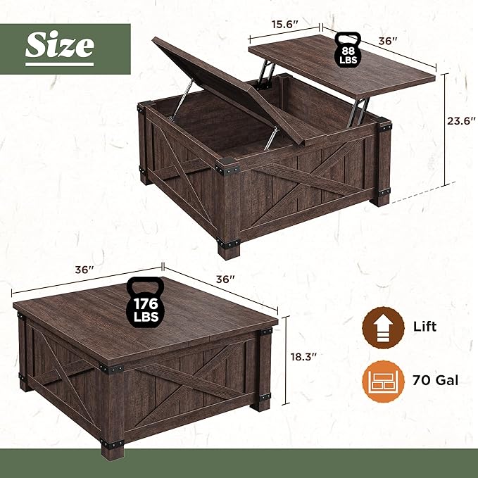 EnHomee Lift Top Coffee Table with Storage, 36" Farmhouse Coffee Tables for Living Room, Square Coffee Table with Large Hidden Space, for Living Room, Bedroom, Home Office, Classic Brown