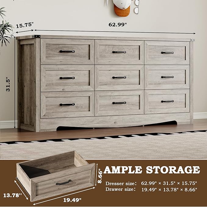 9-Drawer Dresser for Bedroom, Modern Wooden Chest of Drawers with Metal Handles, Anti-Tipping Design, Sturdy and Stable Storage Organizer for Living Room, Entryway, Home Office