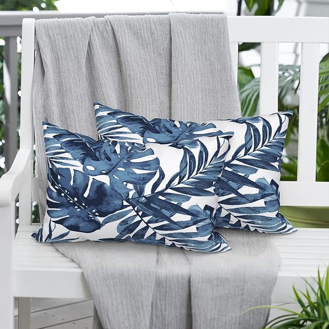 Pack of 2 Outdoor Lumbar Pillow Covers, All Weather Cushion Pillow Cases 12x20 Inch, Pillowcase for Patio Couch Decoration, Palm Blue