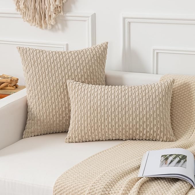 Kevin Textile Throw Pillow Covers Soft Corduroy Decorative Set of 2 Boho Striped Pillow Covers Pillowcases Farmhouse Home Decor for Couch Bed Sofa Living Room 22x22 Inch Beige