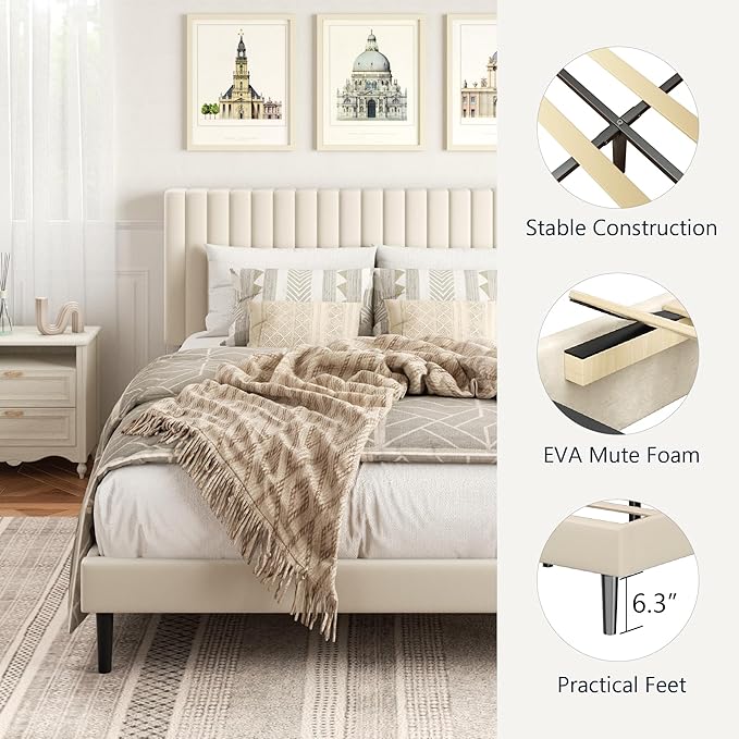 Full Size Platform Bed Frame with Velvet Upholstered Headboard, Full Bed Frame with Strong Wood Slats, Mattress Foundation, Box Spring Optional, Easy Assembly, Beige