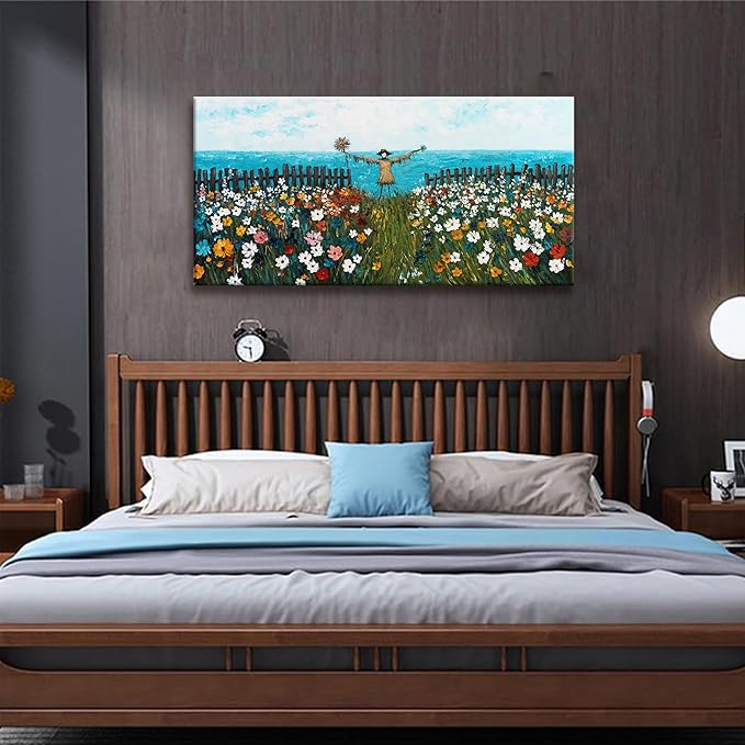 Tsomzxng Canvas Wall Art Decor Blue Sea Wall Decor Colorful Flowers Scarecrow Landscape Print Painting Artwork Picture For Bedroom Apartment Bathroom 20x40 Inch