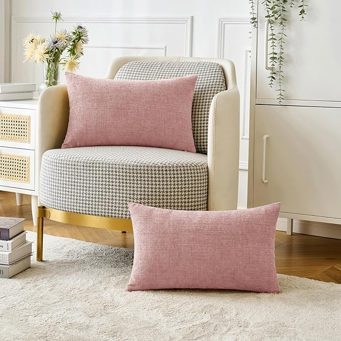 MIULEE Pack of 2 Couch Valentines Throw Pillow Covers 12x20 Inch Soft Spring Blush Pink Chenille Pillow Covers for Sofa Living Room Solid Dyed Pillow Cases