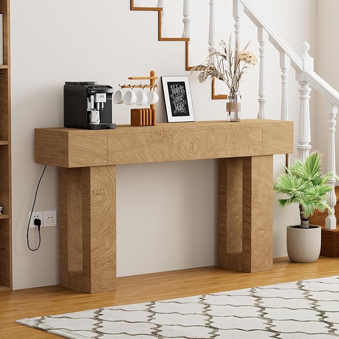 63 Inch Long Console Table, Narrow Rectangular Sofa Table Behind The Couch, Farmhouse Entryway Table for Entrance, Hallway, Living Room (Natural)