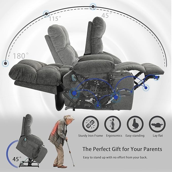 Power Lift Recliner Chair with Massage and Heating for Elderly, Oversized Lay Flat Recliner, Big and Tall 400lbs, Dual Motors, Cup Holders, Heavy Duty, Adults (Grey)
