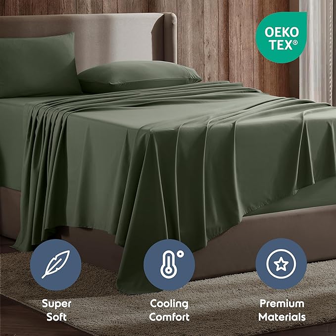 Nestl Full XL Sheet Set - Luxury 1800 Ultra-Soft Microfiber Full Extra Long Bed Sheets - Double Brushed - Deep Pockets - Easy Fit - 4 Piece Set - Bedding Sheets & Pillowcases (Full XL, Olive Green)