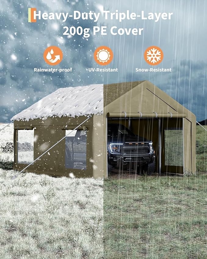 12 x 20FT Heavy Duty Carport with Roll-Up Windows, Portable Garage with Removable Sidewalls & Doors, Portable Car Tent Garage with Roll-Up Windows and All-Season Tarp, for Car, Truck,