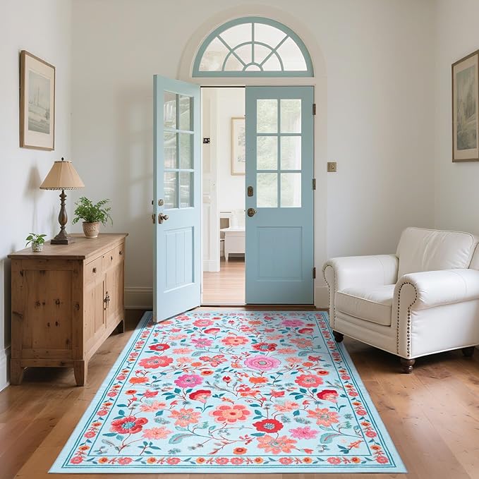 Floral Area Rug 5x8 Rugs, Machine Washable Rug Non-Slip Low Pile Rug for Living Room, Bedroom, Farmhouse, Dining Room, Blue