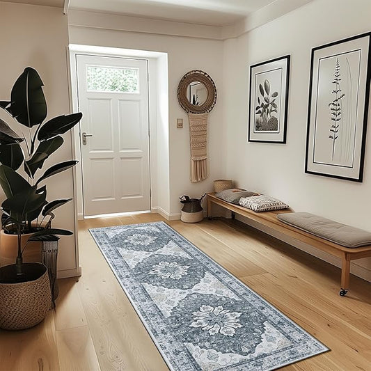 Area Rugs 2'x8' Washable Non-Slip, Floral Vintage Distress Print Pattern Medallion Carpet for Living Room Bedroom Dining Room, Light Gray Grey White