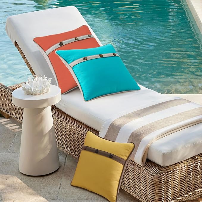 Outdoor Sunbrella Decorative Pillows with Triple Coconut Buttons Pack of 4, 18" x 18" Outdoor Pillow Set for Couch Bed Throw Patio Sofa, Spectrum Daffodil/Canvas Cocoa