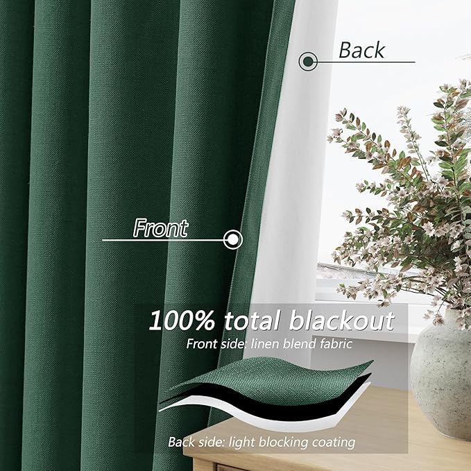 Guken Green Blackout Curtains 72 Inch Length 2 Panels Set for Living Room Bedroom Back Tab Thermal Insulated 100% Black Out Linen Drapes Room Darkening Window Curtains 52 Inches Width