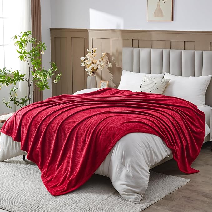 NEWCOSPLAY Super Soft Queen Blanket Red Premium Silky Flannel Fleece Leaves Pattern Lightweight Bed Blanket All Season Use (Red, Queen(90"x90"))