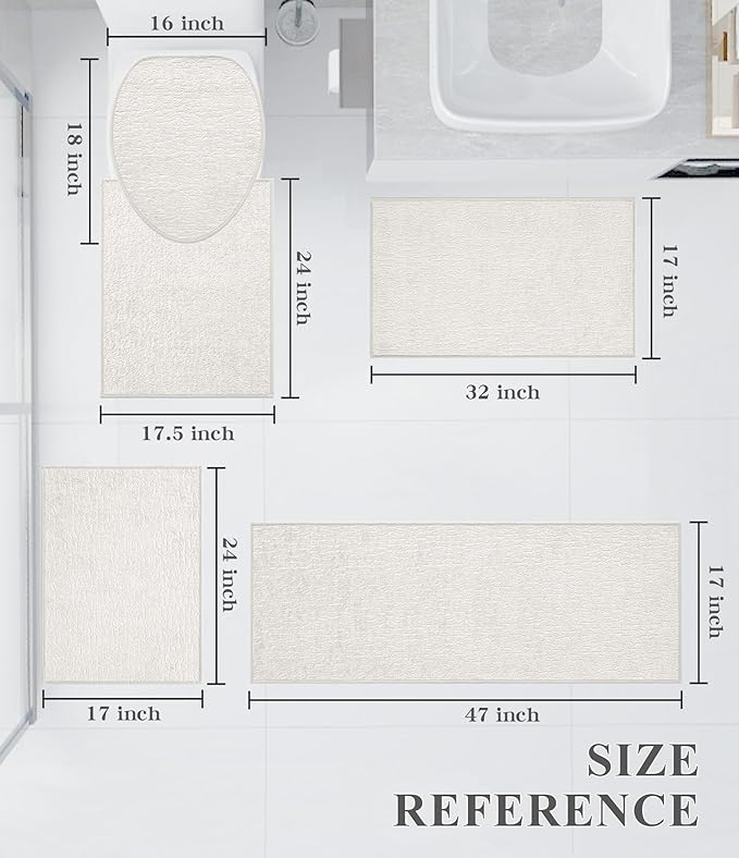 chakme Bathroom Rug Sets 5 Piece, Ultra Thin Bath Mat Quick Dry Bath Mat Set, Absorbent Bath Mat for Bathroom Non Slip Machine Washable, (White, 5 Piece)