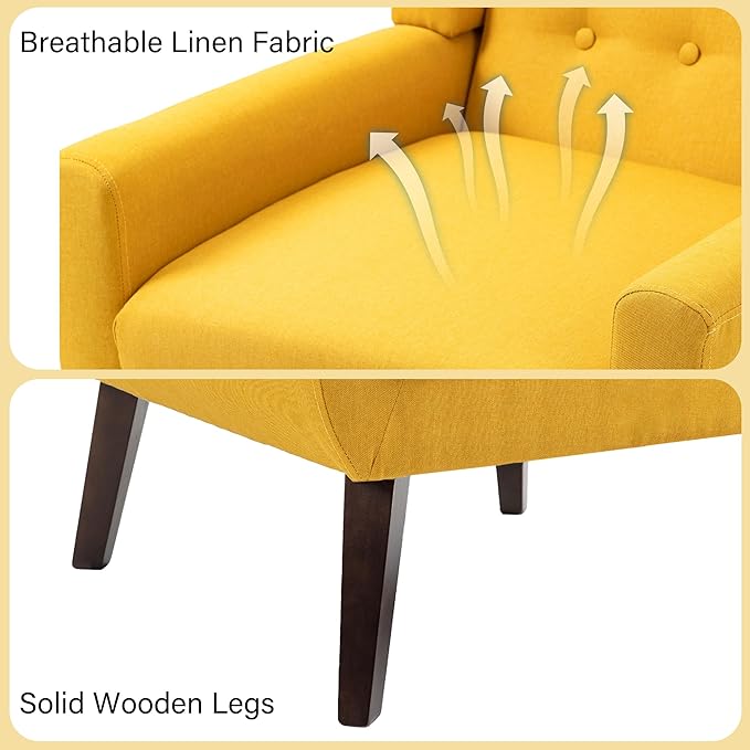 Accent Chair, Mid-Century Modern Fabric Chairs with Arms for Living Room, Comfy Upholstered Club Single Sofa Armchair for Bedroom Waiting Room with Solid Wood Frame (Fabric Yellow, Set of 1)