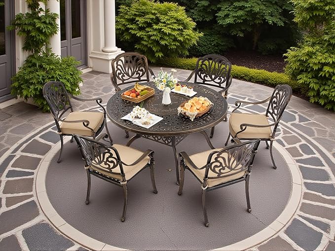 7 Piece Outdoor Dining Set Cast Aluminum, Retro Patio Dining Furniture Set for 6 Includes 54’’ Round Table 6 Chairs with Thicker Cushion and Umbrella Hole for Patio Deck Garden