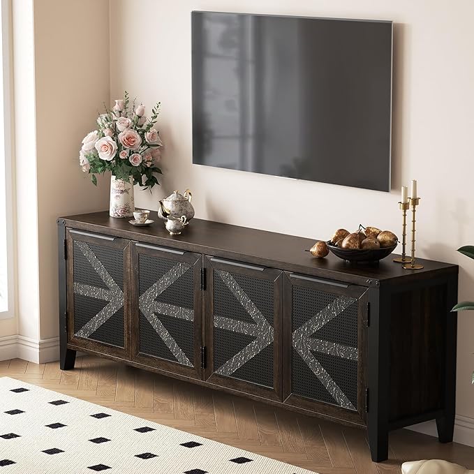 VFK 70 Inch Farmhouse TV Stand for 75 Inch TV, Rustic Entertainment Center with 4 Doors, Wood Media Console Cabinet with Storage, Living Room TV Cabinet