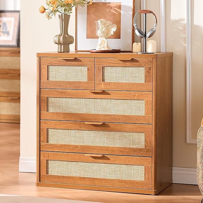 LEYAOYAO Rattan Dresser for Bedroom Set of 2, 33.5" Tall Chest of Drawers, Modern 5 Drawers Boho Dressers with Storage, Vintage Brown Dresser Wooden Closet Organizer for Living Room, Hallway