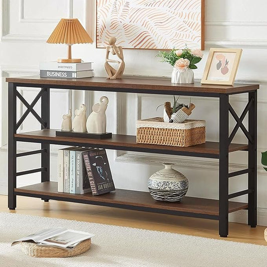 HOMBAZAAR Sofa Table,Industrial Console Table with Storage,Entryway Table with Engineered Wood and Metal,Rustic 3 Tier Shelf for Living Room,Hallway,Brown,55 Inch