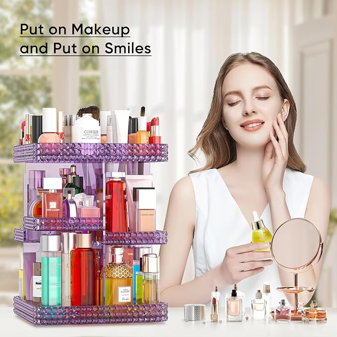 Makeup Perfume Organizer - 360 Rotating Acrylic Cosmetic Storage Make Up Organizer with Lazy Susan for Vanity & Dresser Countertop (Purple)