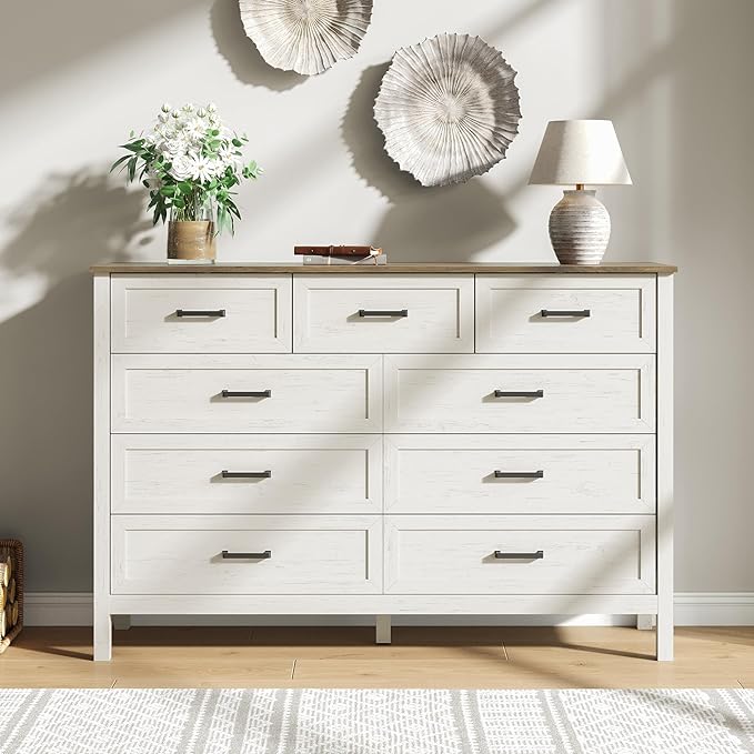 Farmhouse 9 Drawers Dresser for Bedroom, 37 Inch Tall Wood Rustic Wide Chest with Natural Texture, Large Dressers for Bedroom, Hallway, Entryway, Antique White