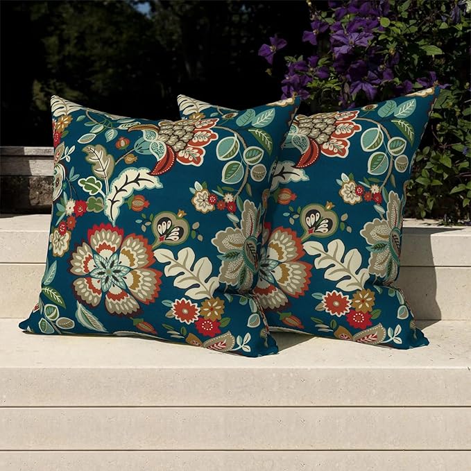 Pack of 2 Patio Throw Pillow Covers ONLY, Water Repellent Cushion Cases 20x20 Inch, Square Pillowcases for Outdoor Couch Decoration, Peacock Blue