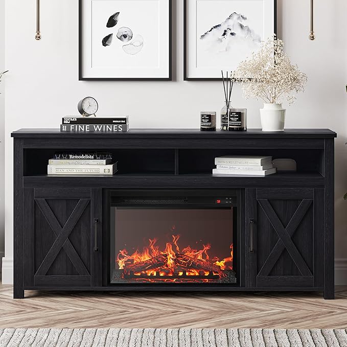 BELLEZE 58" Farmhouse Fireplace TV Stand for TVs up to 65", 23" Electric Fireplace Heater with Sound, Entertainment Center Media Console Table Barn Door Storage Cabinets for Living Room - Rustic Grey