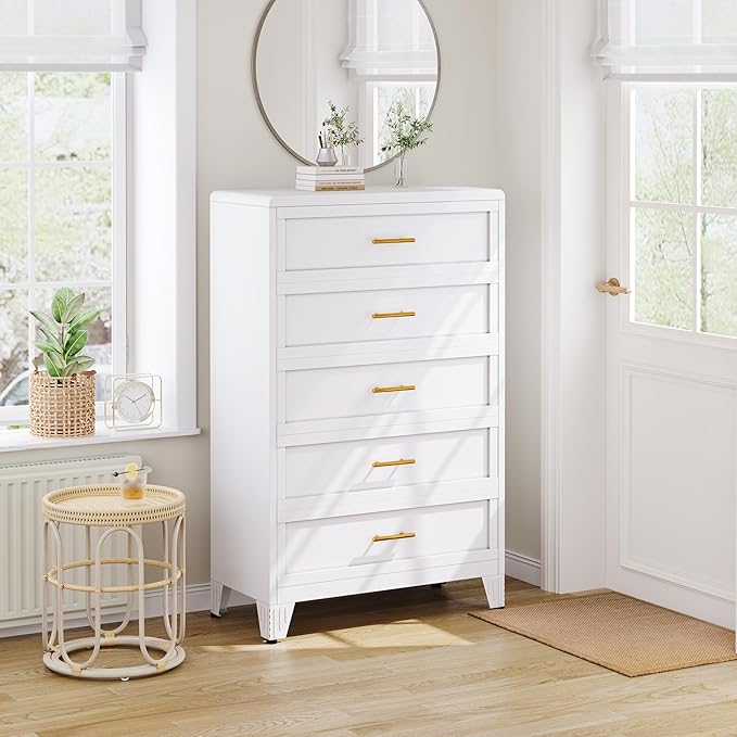 Metal Dresser Tall White Dresser for Bedroom Chest,53.54" H White Drawer Chest, Closet Dressers & Chests of Drawers for Living Room, Hallway (5 Drawers Rounded Corners)