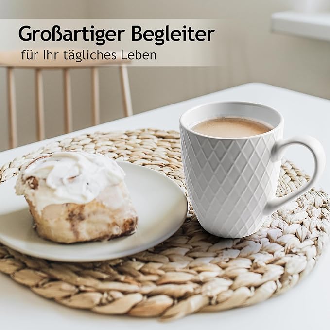 MIAMIO - Coffee Mugs set of 6 / Coffee Cups - 6 x 14 Oz Ceramic Mugs - Large Coffee Mugs - Microwave & Dishwasher safe - Palmanova Collection (White)